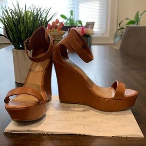 Tan PU Open Toe Buckle Ankle Strap Platform Wedge